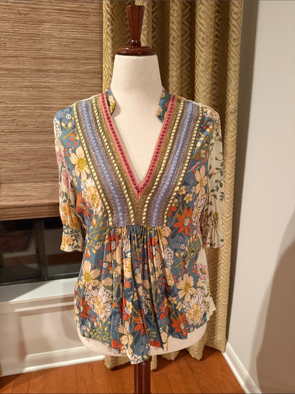 Blue Floral V-Neck Tunic with Embroidered Trim